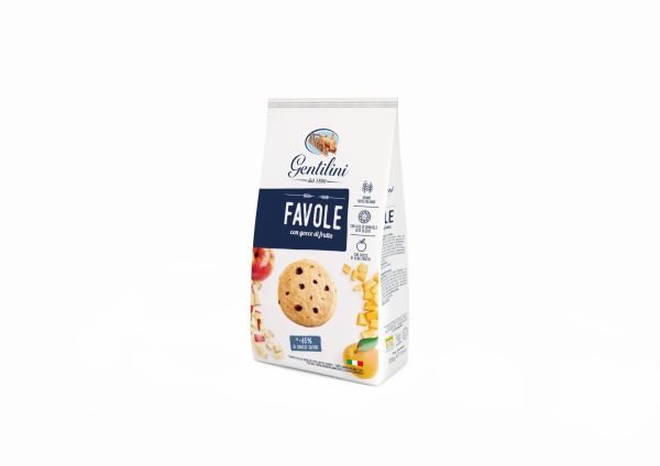 Gentilini favole biscuits fruit drops are crumbly pastry enriched with chocolate ​drops, or sun ripened fruit.