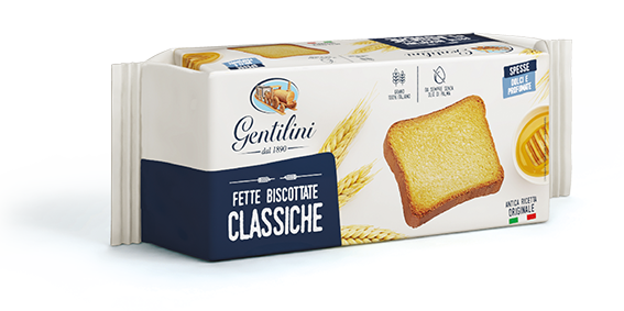 Gentilini fette rusk biscuits. The golden colour, the delicious aroma and the light and crispy texture makes them unique.