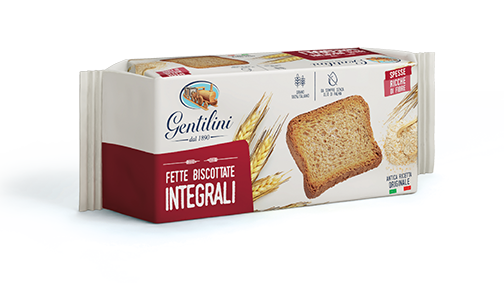 Gentilini fette whole wheat rusks. The golden colour, the delicious aroma and the light and crispy texture makes them unique.