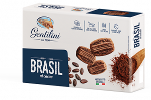 Gentilini brasil biscuits with cocoa. Every bite into a Brasil biscuit delivers the intense flavour of cocoa and the divine taste of sugar.