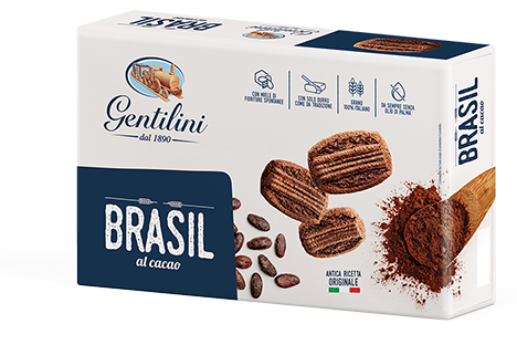 Gentilini brasil biscuits with cocoa. Every bite into a Brasil biscuit delivers the intense flavour of cocoa and the divine taste of sugar.