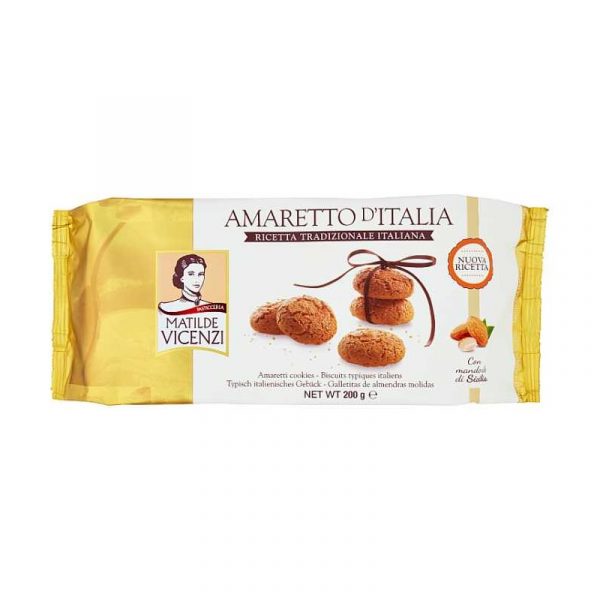 Vicenzi amaretto D'Italia. Enriched with Sicilian almonds, its characteristic bitter-sweet taste comes from apricot kernels.