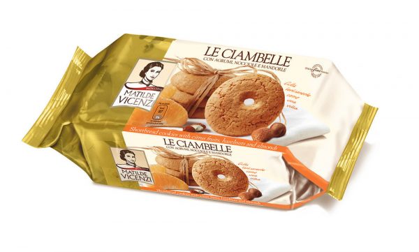 Vicenzi ciambelle citrus fruit & nuts. Classic and delicious shortcrust pastry cookies enriched with citrus fruits, hazelnuts, almonds.