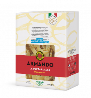 Armando pappardelle. 100% Italian durum wheat semolina and water, rough died and slow-dried. Armando’s only use two ingredients