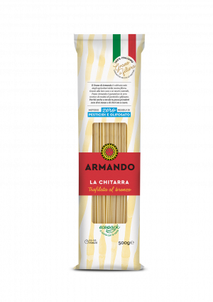 Armando chitarra. 100% Italian durum wheat semolina and water, rough died and slow-dried. Armando’s wheat is made using only two ingredients