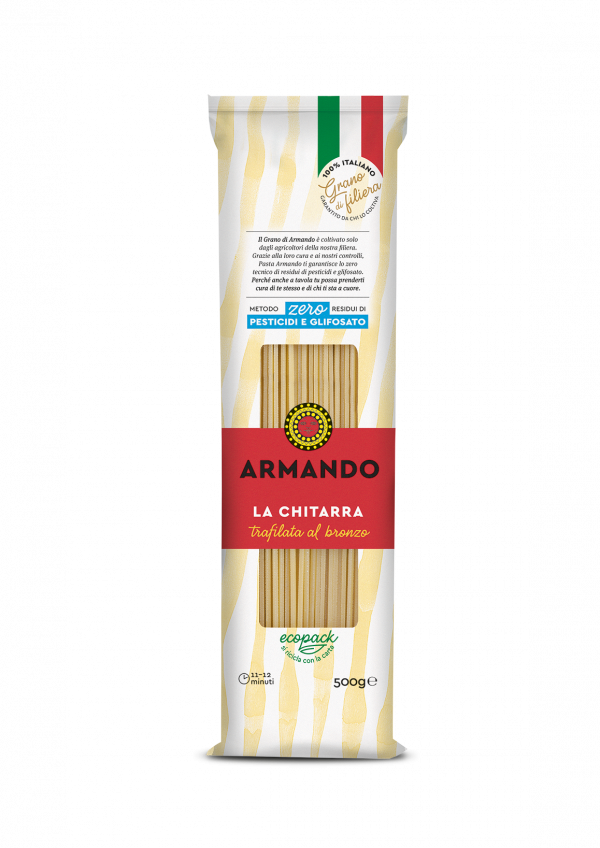 Armando chitarra. 100% Italian durum wheat semolina and water, rough died and slow-dried. Armando’s wheat is made using only two ingredients