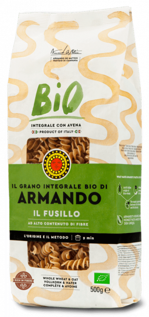 Armando fusilli organic wholemeal. Pure organic whole wheat pasta made with added oat fibre. Armando’s Organic whole wheat is the special.