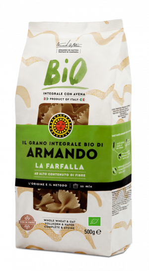 Armando farfalle organic wholemeal. Pure organic whole wheat pasta made with added oat fibre. Armando’s Organic whole wheat is the special