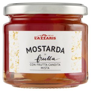 lazzaris fruit mostarda 6x250g. Candied fruit dipped in sugar and mustard syrup which gives life to a mustard with a gentle but lively flavour.
