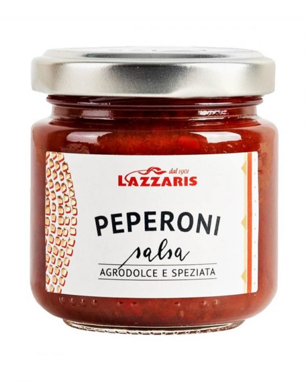 Lazzaris pepper chutney. Sweet and sour with the intense character of the peppers. Suitable for fresh soft cheeses such as goat’s cheese, and red and white meats.