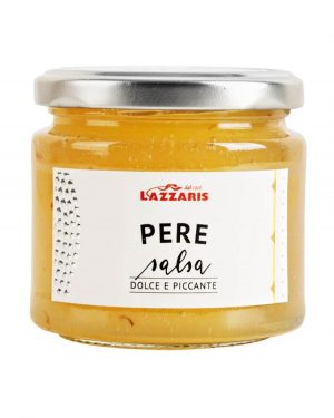 Lazzaris pear chutney. A sauce that goes well with both pork and wild boar prosciutto, spicy Gorgonzola DOP, mature Pecorino and Provolone Piccante.