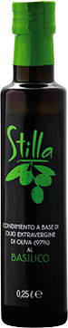 Stilla EVO basil flavour. Extra virgin olive oils infused with basil. Mediterranean scents and flavours, ideal for dressing any course.