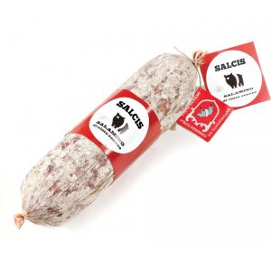 Salcis mini cinta senese PDO salami. Usually made with pork meat which is minced, seasoned and stuffed in natural or specially made casings.