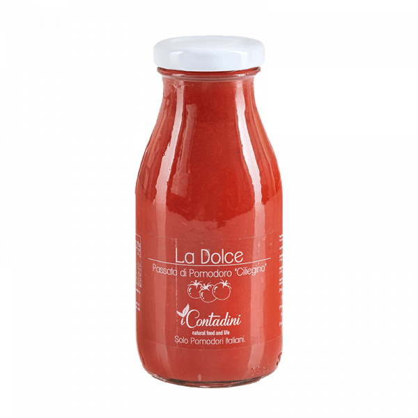 I Contadini "la dolce" passata. A Cherry Tomato sauce characterized by an intense red colour, almost purple, and a sweet taste.