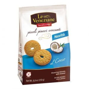 Le Veneziane coconut biscuits gluten free 9x250g. Delicious gluten free biscuits flavoured with coconut. Order now