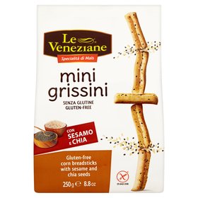 Le Veneziane mini grissini sesame & chia. Gluten free corn breadsticks with sesame and chia seeds. Order now