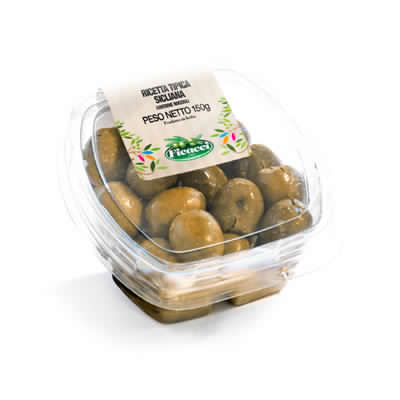 The Ficacci whole olives Siciliana Retail TAKE AWAY are fresh and packed in a convenient heat sealed tub with an open/close lid.
