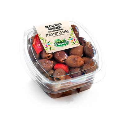 The Ficacci pitted olives Abruzzese Retail TAKE AWAY fresh Italian olives are packed in a convenient heat sealed tub with an open/close lid.