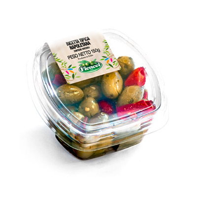 The Ficacci whole olives Napoletana Retail TAKE AWAY are fresh and packed in a convenient heat sealed tub with an open/close lid.