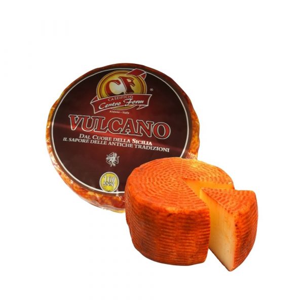 Vulcano is a soft cheese aged in rind with extra virgin olive oil and sprinkled entirely with red chilli powder.