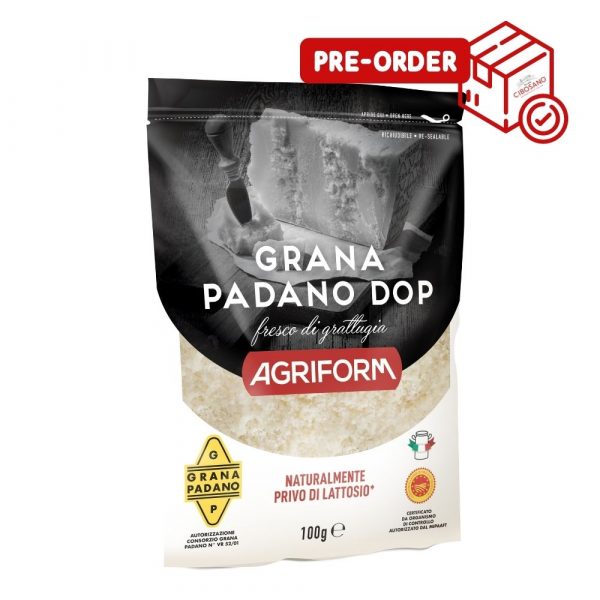 Agriform Grana Padano grated 20x100g. Grated Grana Padano P.D.O. in sealed bag. Order now at cibosano.co.uk