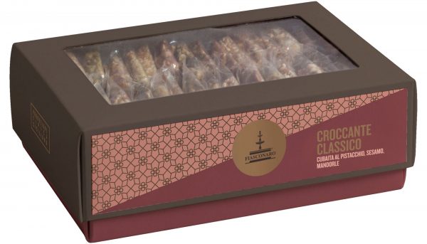 Sicilian almond brittle, in different flavours, with pistachio, almond and sesame brittle square gift box 