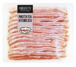 Furlotti smoked pancetta tesa sliced dry-cured pork belly. Sliced and packed in open and serve gastro tray.