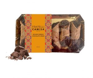 Sicilian cannoli chocolate cream. A proper Italian classic pastry. Crunchy Cannoli with delicious chocolate cream filling