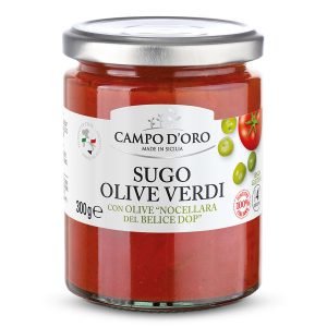 jar of tomato sauce with green olives
