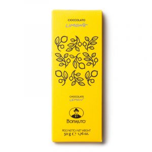 BONAJUTO LEMON CHOCOLATE BAR 12x50g. It is prepared with Sicilian lemon peel, grounded and dried. The scent and flavour of citrus is combined with cocoa