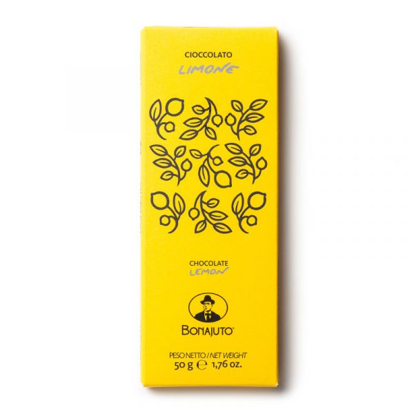 BONAJUTO LEMON CHOCOLATE BAR 12x50g. It is prepared with Sicilian lemon peel, grounded and dried. The scent and flavour of citrus is combined with cocoa