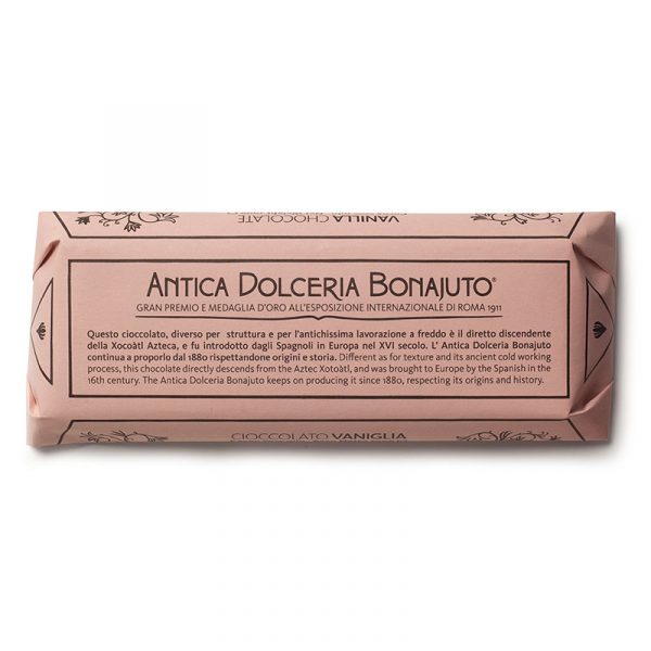 Bonajuto vanilla chocolate bar 12x100g. One of the sweetest chocolates in the range, this variety is particularly loved by children. Comes in the original, antique, pink wrap.