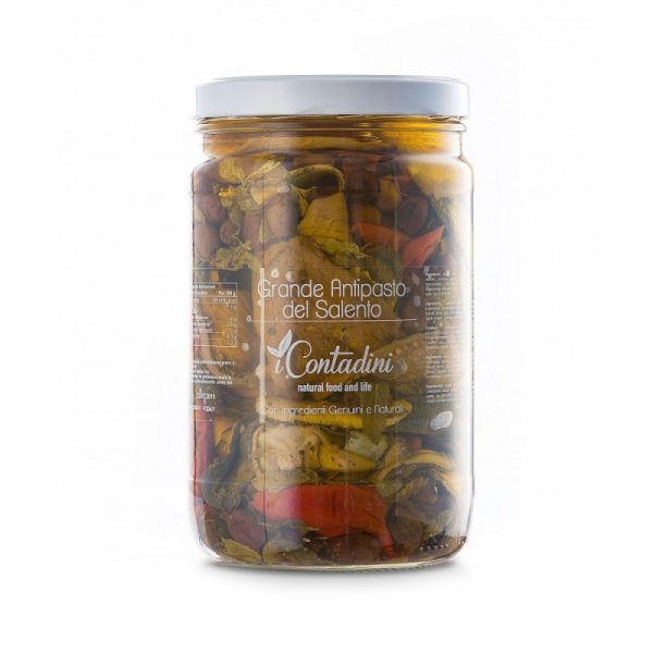GRANDE ANTIPASTO SALENTO. The vegetables that make up this appetizer are grown in the open field, harvested, washed, selected, cut into slices & dried.