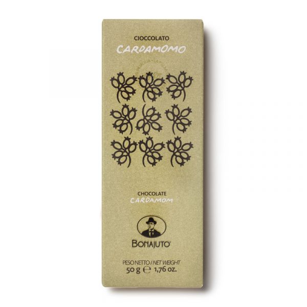BONAJUTO CARDAMOM CHOCOLATE BAR 12x50g. Cardamom is one of the most prized spices in the world. The strong aromatic scent of the spice blends