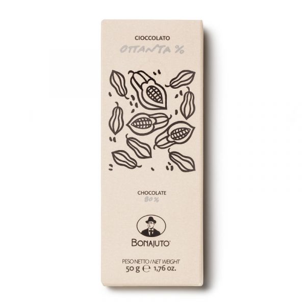 BONAJUTO 80% CHOCOLATE BAR 12x50g. A bar of chocolate where the presence of sugar decreases more and more to give more space and autonomy to the taste of cocoa.