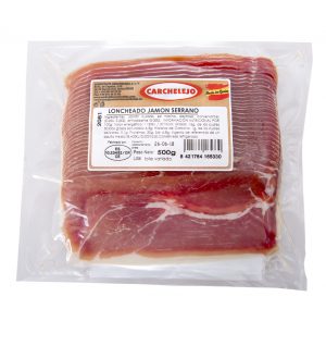SLICED SERRANO HAM 8x500gr. Pork ham, salt, sugar (dextrose), preservatives (E-252, E-250), antioxidant. It may contain traces of MILK & SOY proteins.