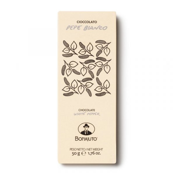 BONAJUTO WHITE PEPPER CHOCOLATE BAR 12x50g. The White Pepper bar has an intense aroma with a deictically spicy note: less strong than the strong taste of chilli chocolate, but with a noteworthy verve.