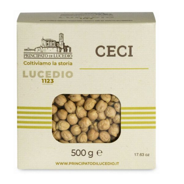 PRINC.DI LUCEDIO CHICK PEAS in Pres. box 500g. Chickpeas are pulses rich in vegetable protein and gluten-free, appreciated for their nutritional properties.