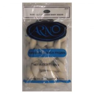 ARNO 20-40 BABY SQUID 10x800g. Whole cleaned baby squid with tentacles stuffed inside the tube.