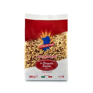 LA CASA DEL GRANO FREGOLA SARDA MEDIA 500g. The small spheres were differentiated into small, medium, large, and then roasted in the oven to give it the golden and the characteristic flavour.
