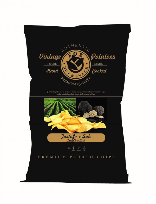 FOX ITALIA POTATO CHIPS TRUFFLE 10X120G. Hand cooked crisps with truffle and sea salt flavouring.
