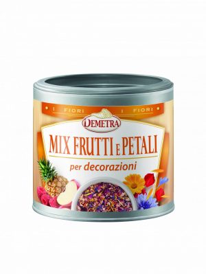 DEMETRA FRUIT&FLOWERS MIX DECORATION 50g TUB. Balanced mix of freeze-dried fruits and dried flower petals with a sweet and sour flavour. Ready-to-use, it is suitable for garnishing desserts, ice cream and fruits.