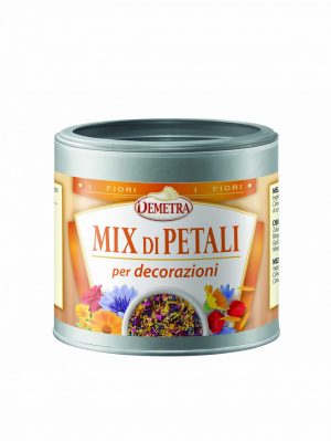 DEMETRA FLOWERS MIX DECORATION 25g TUB. A mix of dried multicoloured flower petals with a light aromatic fragrance and flavour. Ready-to-use, it is suitable for garnishing salads, spicy dishes and desserts.