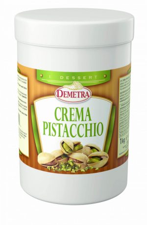 DEMETRA PISTACCHIO CREAM 1kg TUB. A ready to use sweet pistachio cream, ideal for topping tarts, crêpes and to enrich all the desserts.