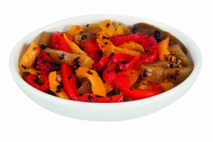 DEMETRA TRICOLOUR ROASTED PEPPERS 700g POUCH. Yellow, red and green pepper fillets roasted and preserved in sunflower oil. Skinless, they are ideal in mixed salads and sandwich fillings.