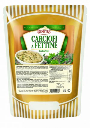 DEMETRA SLICED SAUTEED ARTICHOKES 700g Pouch. Thinly sliced artichokes sautéed with oil and herbs. Ideal for pizzas topping or in salads. The keep-fresh bag guarantees maximum yield and best quality.