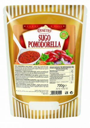 DEMETRA POMODORELLA TOMATO SAUCE 700g POUCH. Sauce made with chopped tomatoes and fresh vegetables, excellent for pasta dishes, bruschetta and main course that needs a fresh tomato taste.