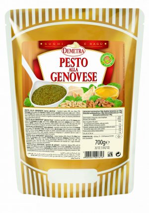 DEMETRA PESTO GENOVESE 700g POUCH. Pesto made with fresh basil, Grana Padano, pecorino, walnuts, pine nuts and olive oil. The classic sauce for trenette, trofie and other types of pasta. Excellent stirred into minestrone.