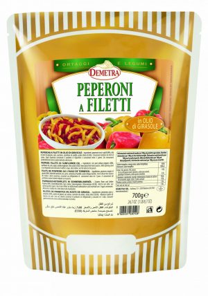 DEMETRA PEPPER FILLETS 700g POUCH. Strips of fresh red and yellow peppers, steamed without vinegar and preserved in sunflower oil. Suitable for all hot and cold garnishes. Excellent for pizza toppings.