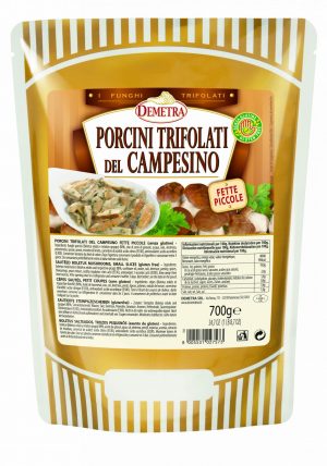 DEMETRA PORCINI CAMPESINO SAUTEED W/Herbs700g. Finely sliced porcini mushrooms sautéed with porcini cream, oil and herbs. Excellent for the preparation of pasta sauces and for topping pizzas, bruschetta and sandwiches.